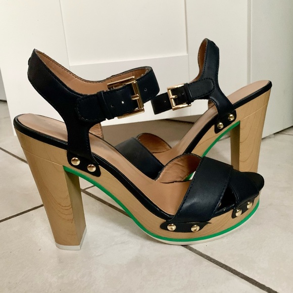 Tommy Hilfiger Navy Blue Wood Platform Heels - Picture 2 of 9